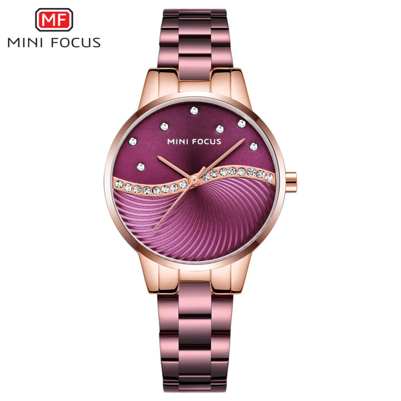 Relógio Feminino Analógico MINIFOCO - Design com Cristais e Pulseira de Aço