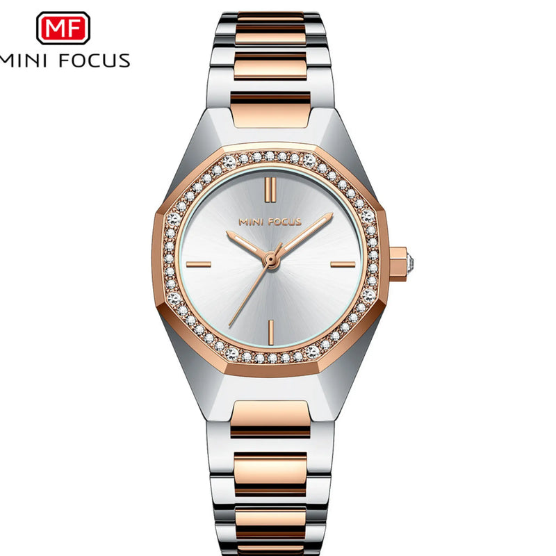 Relógio Feminino Analógico MINI FOCUS 0433L  Design com Cristais e Pulseira de Aço - Resistência A Água